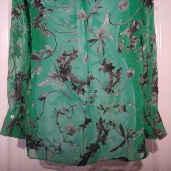 Alice & Olivia Burnout Velvet L-Sleeve Kelly Green/Grey Whimsy Sheer Blouse XS - Picture 10 of 13